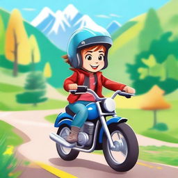 A joyful and patient young girl named Magda, riding her small motorcycle with a big smile on her face