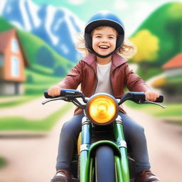 A joyful and patient young girl named Magda, riding her small motorcycle with a big smile on her face