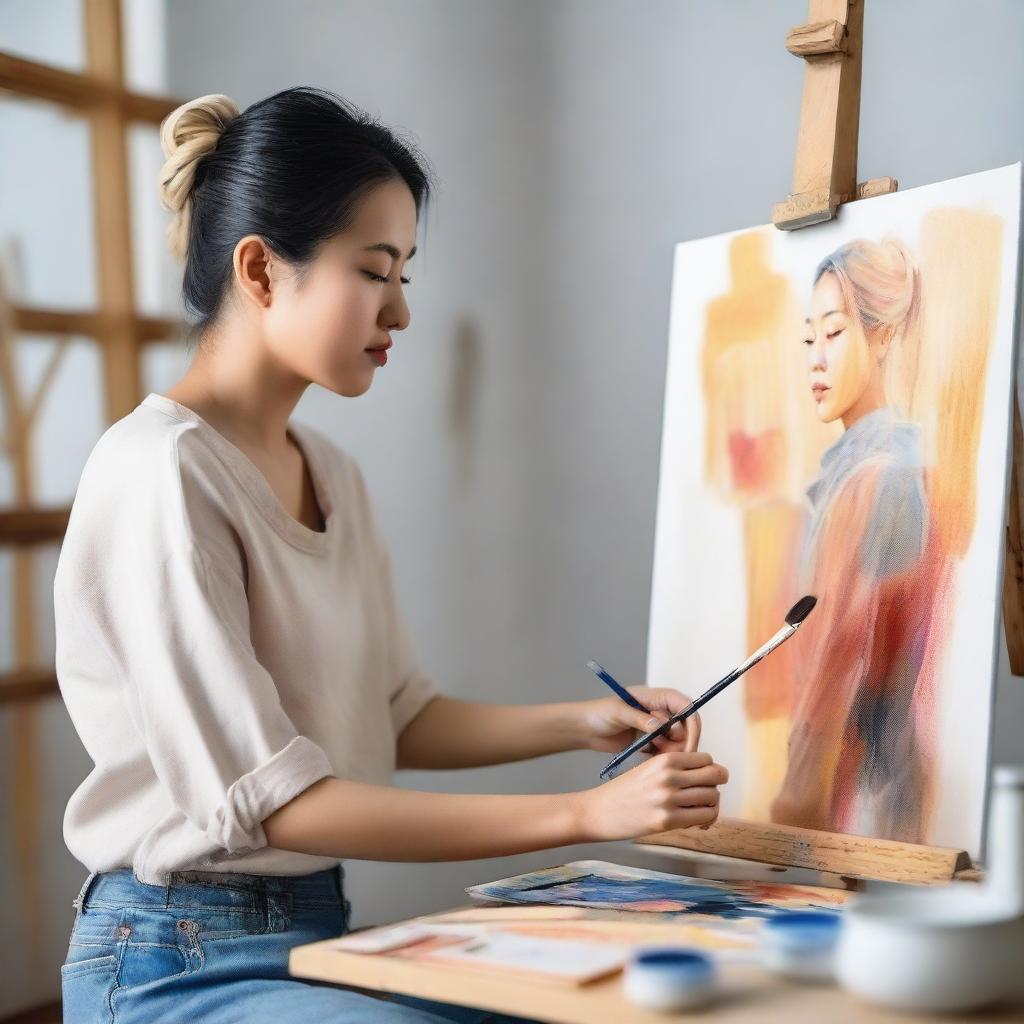 Create an image of a beautiful Asian woman with blonde hair painting on a canvas in her studio