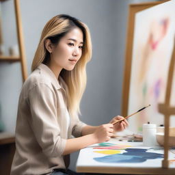 Create an image of a beautiful Asian woman with blonde hair painting on a canvas in her studio