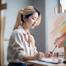 Create an image of a beautiful Asian woman with blonde hair painting on a canvas in her studio