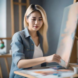 Create an image of a beautiful Asian woman with blonde hair painting on a canvas in her studio