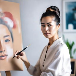 Create an image of a beautiful Asian woman with her hair tied up in a bun, painting on a canvas in her studio