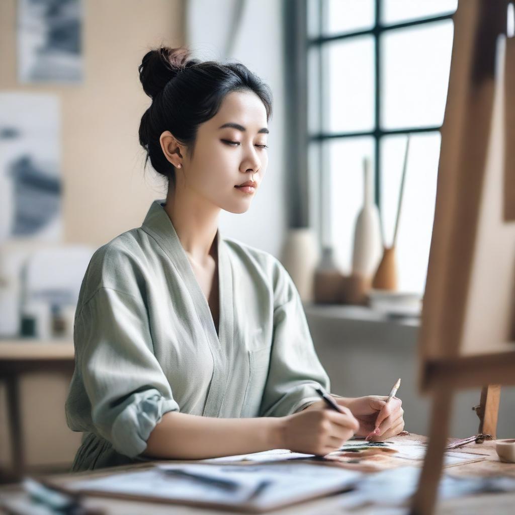 Create an image of a beautiful Asian woman with her hair tied up in a bun, painting on a canvas in her studio