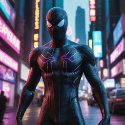 Spiderman clad in Cyberpunk attire, featuring futuristic neon lights, cables, and holographic interfaces, set within a bustling high-tech, dystopian city