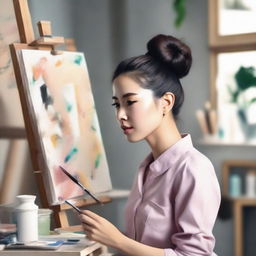 Create an image of a beautiful Asian woman with her hair tied up in a bun, painting on a canvas in her studio