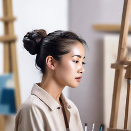 Create an image of a beautiful Asian woman with her hair tied up in a bun, painting on a canvas in her studio