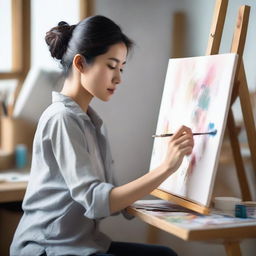 Create an image of a beautiful Asian woman painting on a canvas in her studio