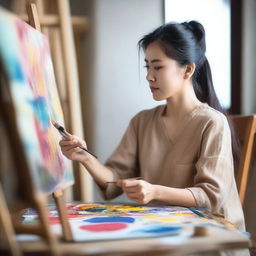 Create an image of a beautiful Asian woman painting on a canvas in her studio