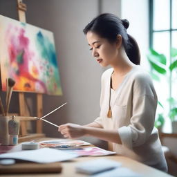 Create an image of a beautiful Asian woman painting on a canvas in her studio