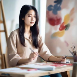 Create an image of a beautiful Asian woman painting on a canvas in her studio