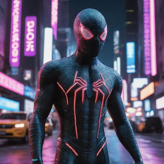 Spiderman clad in Cyberpunk attire, featuring futuristic neon lights, cables, and holographic interfaces, set within a bustling high-tech, dystopian city