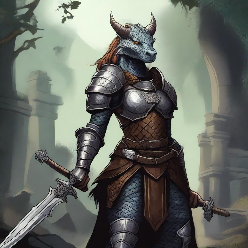 A detailed illustration of a dragonborn female warrior