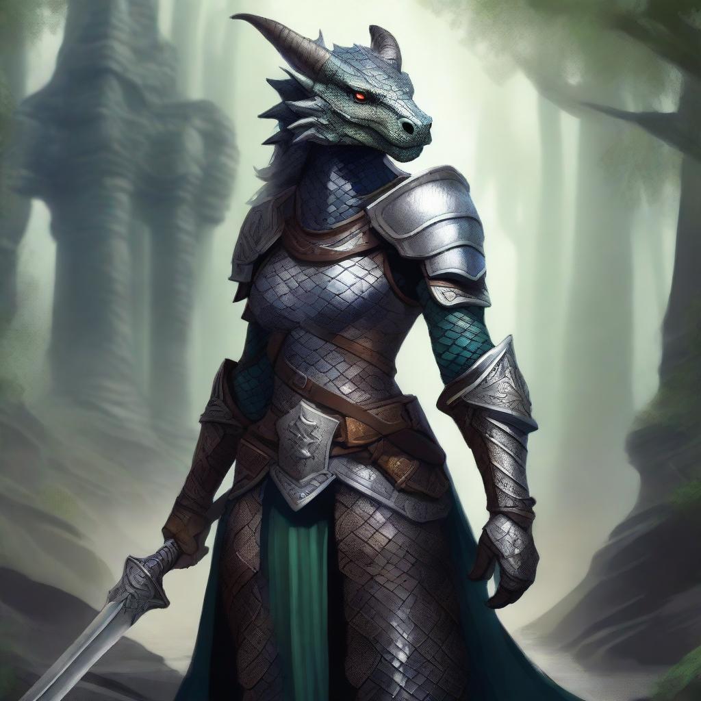 A detailed illustration of a dragonborn female warrior