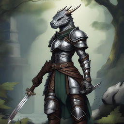 A detailed illustration of a dragonborn female warrior