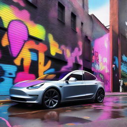 A Tesla Model 3 in an electropunk hip hop world, surrounded by vibrant graffiti street art