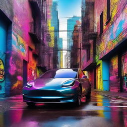 A Tesla Model 3 in an electropunk hip hop world, surrounded by vibrant graffiti street art