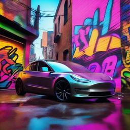 A Tesla Model 3 in an electropunk hip hop world, surrounded by vibrant graffiti street art