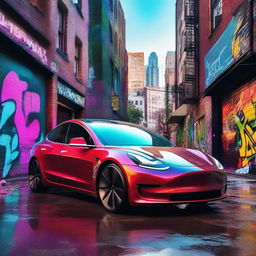 A Tesla Model 3 in an electropunk hip hop world, surrounded by vibrant graffiti street art