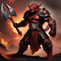 A fierce and sexy dragonborn barbarian with red scales, wielding a massive battle axe