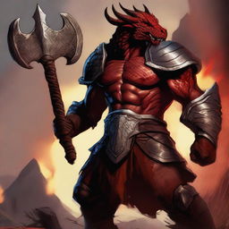 A fierce and sexy dragonborn barbarian with red scales, wielding a massive battle axe