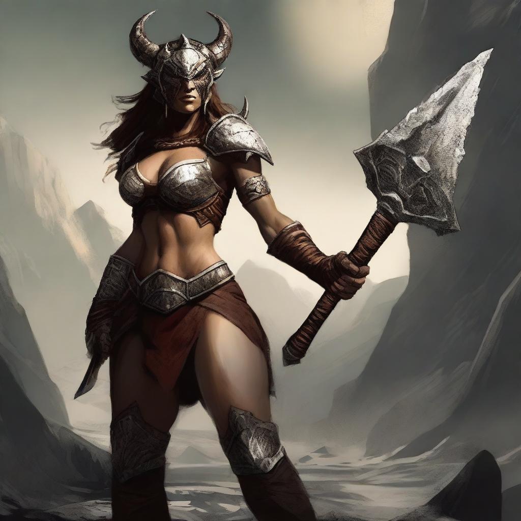 Create an image of a fierce and powerful female dragonborn barbarian