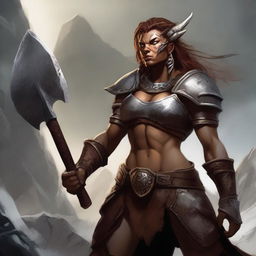 Create an image of a fierce and powerful female dragonborn barbarian