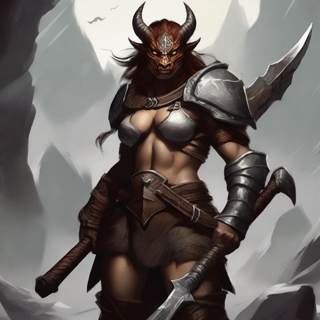 Create an image of a fierce and powerful female dragonborn barbarian