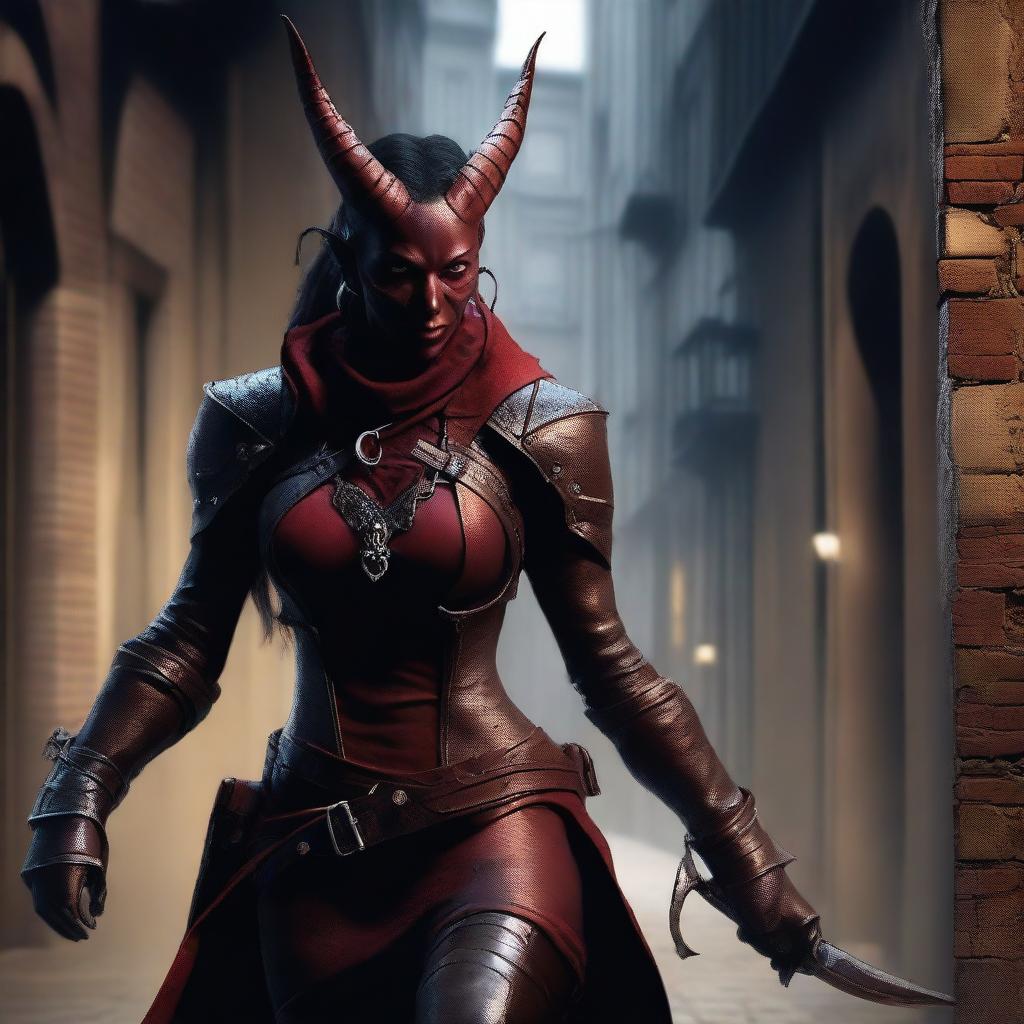 Create a detailed image of a female tiefling rogue