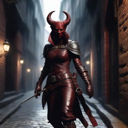 Create a detailed image of a female tiefling rogue