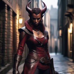 Create a detailed image of a female tiefling rogue