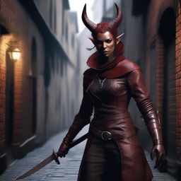 Create a detailed image of a female tiefling rogue