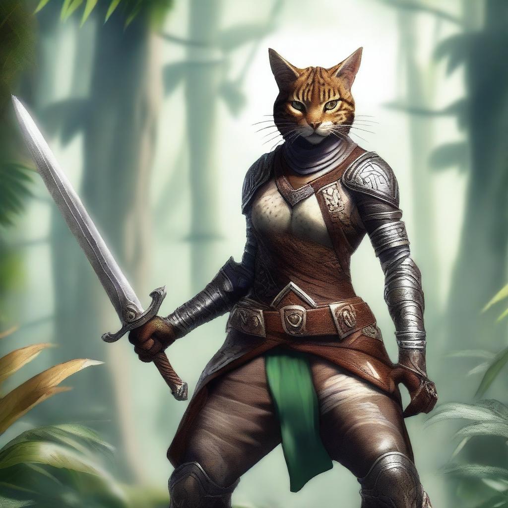 A fierce female Tabaxi fighter standing in a dynamic pose