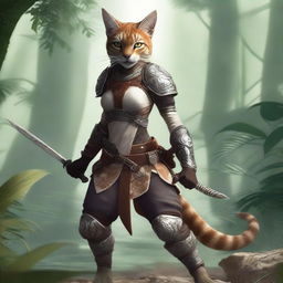 A fierce female Tabaxi fighter standing in a dynamic pose