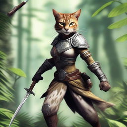 A fierce female Tabaxi fighter standing in a dynamic pose