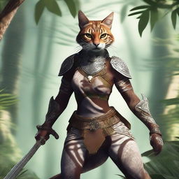 A fierce female Tabaxi fighter standing in a dynamic pose