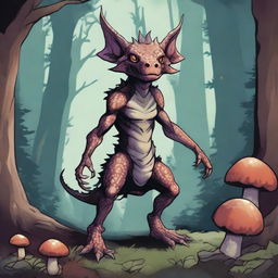 A detailed illustration of a kobold, a small reptilian humanoid creature with scaly skin, sharp claws, and a mischievous expression