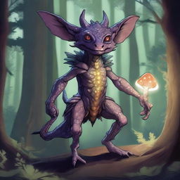 A detailed illustration of a kobold, a small reptilian humanoid creature with scaly skin, sharp claws, and a mischievous expression