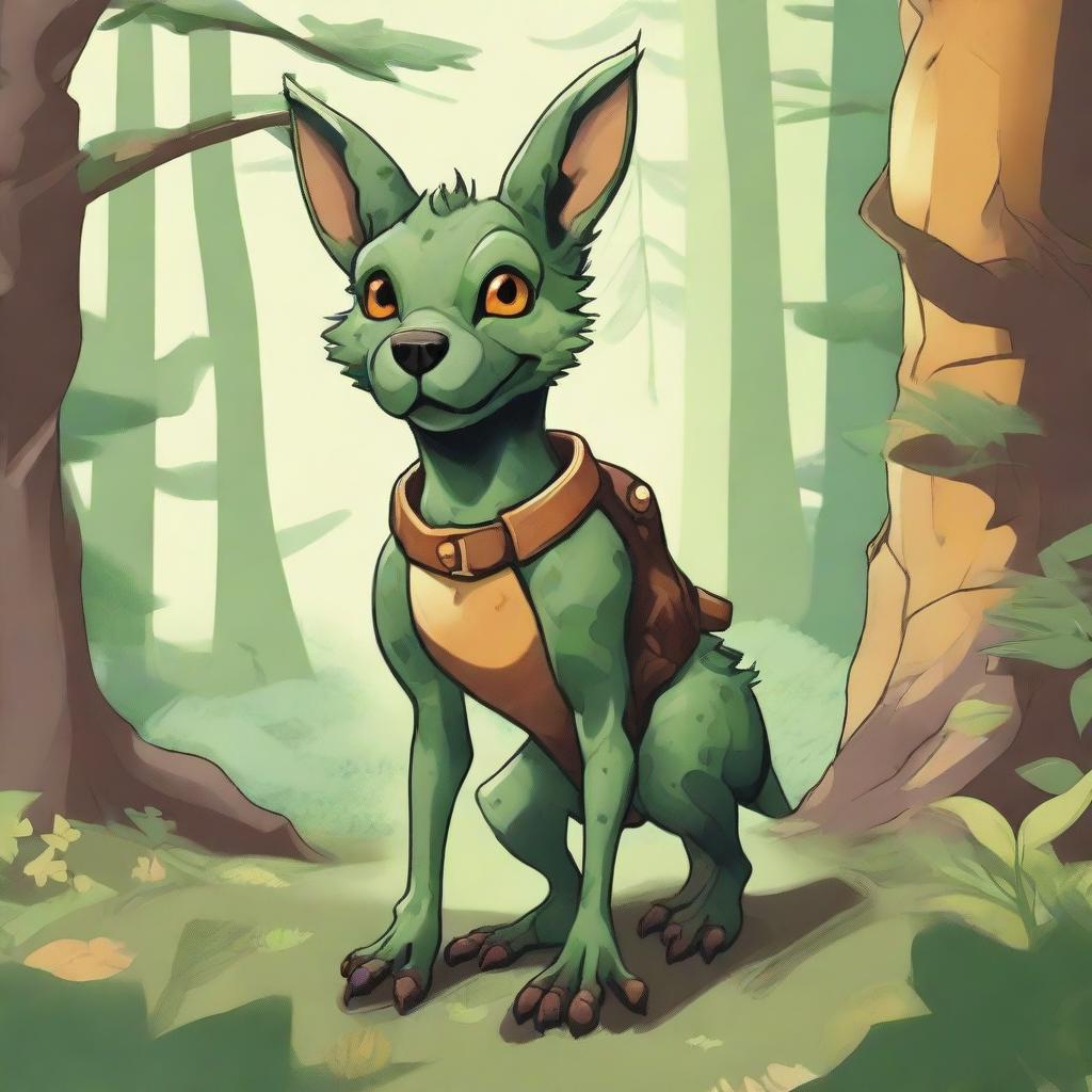 A detailed illustration of a dog kobold, a mythical creature that combines features of a dog and a small, reptilian humanoid