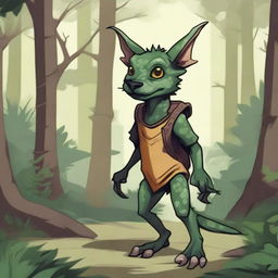 A detailed illustration of a dog kobold, a mythical creature that combines features of a dog and a small, reptilian humanoid