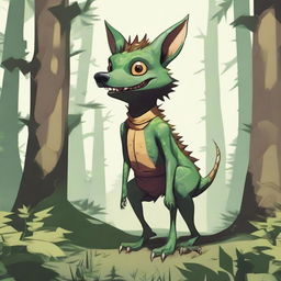 A detailed illustration of a dog kobold, a mythical creature that combines features of a dog and a small, reptilian humanoid