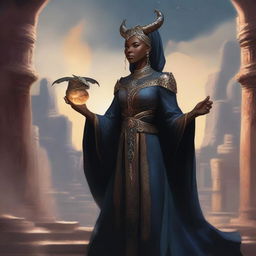 A detailed illustration of a black female dragonborn sorcerer