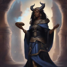 A detailed illustration of a black female dragonborn sorcerer