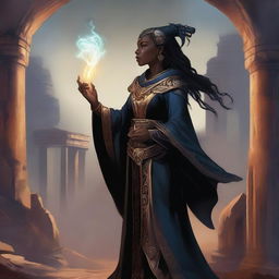 A detailed illustration of a black female dragonborn sorcerer