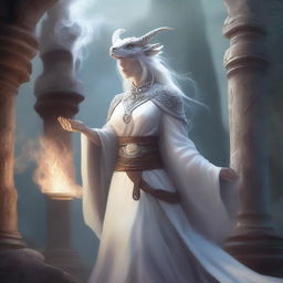 A detailed illustration of a white female dragonborn sorcerer