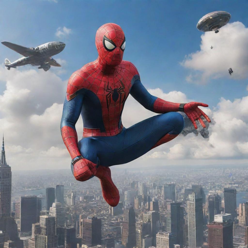 Spiderman garbed in Airpunk attire, demonstrating sleek aviation elements and cloud-skimming devices, against an awe-inspiring sky filled with floating cities and airships