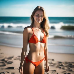 A Russian girl wearing a bikini, standing on a beach with the ocean in the background