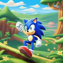 A vibrant and dynamic scene featuring Sonic the Hedgehog from Sonic 3, running at high speed through a lush, green landscape with loop-de-loops and golden rings