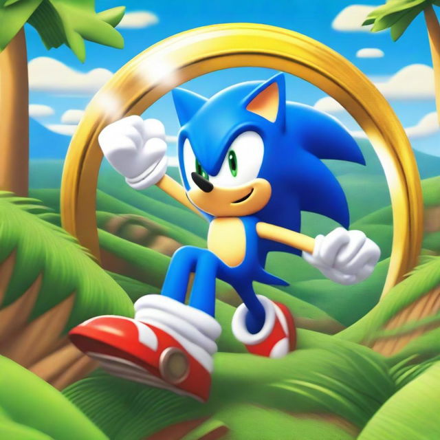 A vibrant and dynamic scene featuring Sonic the Hedgehog from Sonic 3, running at high speed through a lush, green landscape with loop-de-loops and golden rings