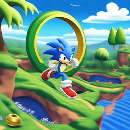 A vibrant and dynamic scene featuring Sonic the Hedgehog from Sonic 3, running at high speed through a lush, green landscape with loop-de-loops and golden rings